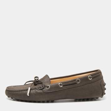 Pre Owned Tod's Dark Brown Nubuck Leather Bow Loafers Size 35.5