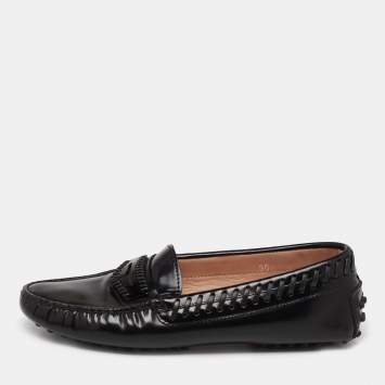 Pre Owned Tod's Black Glossy Leather Whip Stitch Detail Penny Loafers Size 36