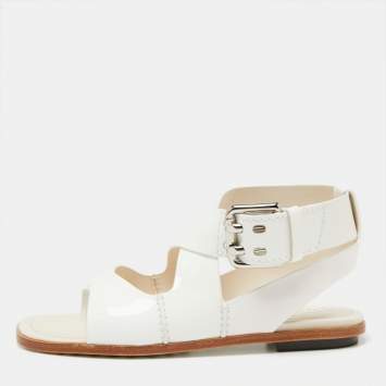 Pre Owned Tod's White Patent Leather Cross Buckle Anklet Strap Flat Sandals Size 36.5 