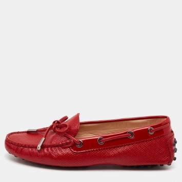 Pre Owned Tod's Red Patent Bow Slip On Loafers Size 36