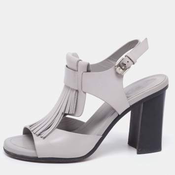 Pre Owned Tod's Grey Leather Fringe Detail Ankle Strap Sandals Size 37