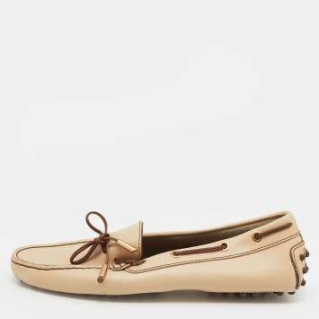 Pre Owned Tod's Beige Leather Gommino Bow Slip On Loafers Size 37