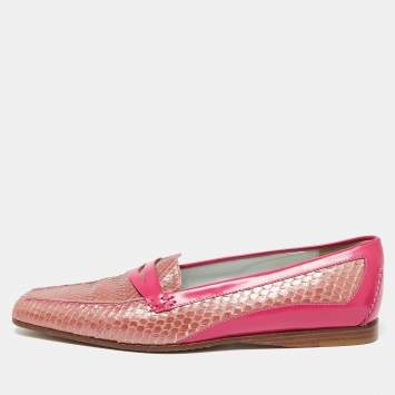 Pre Owned Tod's Hot Pink/Baby Pink Patent and Snakeskin Leather Penny Loafers Size 38