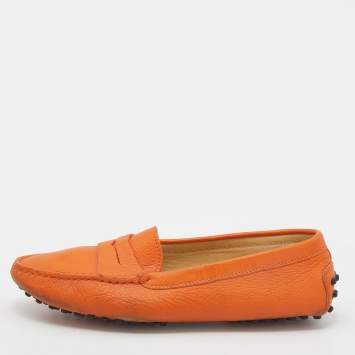 Pre Owned Tod's Orange Leather Penny Slip On Loafers Size 37