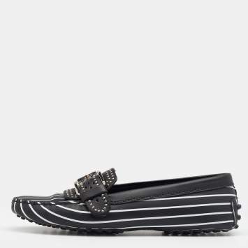 Pre Owned Tod's Black/White Striped Leather Embellished Slip On Loafers Size 38