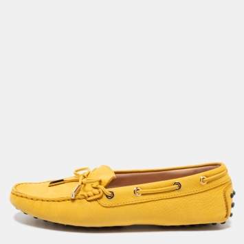 Pre Owned Tod's Yellow Leather Bow Driver Loafers Size 37.5