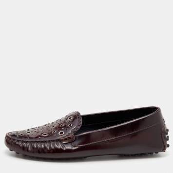 Pre Owned Tod's Burgundy Patent Leather Laser Cut Loafers Size 36.5