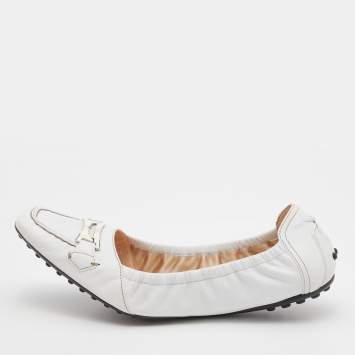 Pre Owned Tod's White Leather Logo Buckle Detail Scrunch Ballet Flats Size 40