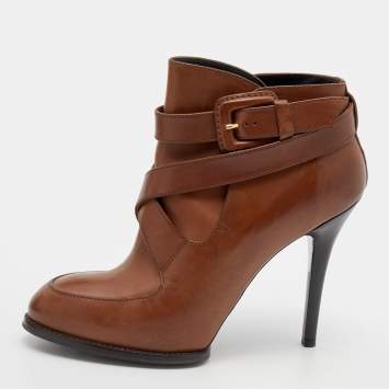 Pre Owned Tod's Brown Leather Cross Strap Ankle Booties Size 36.5