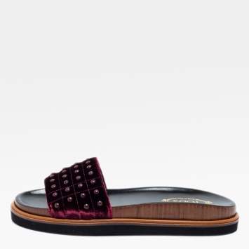 Pre Owned Tod's Burgundy Velvet Studded Flat Slide Sandals Size 37