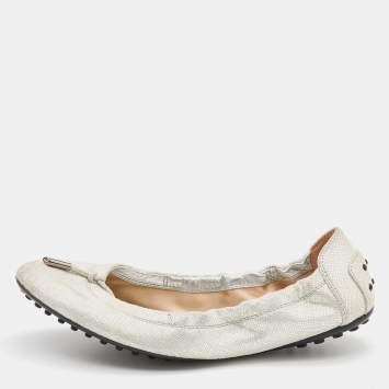 Pre Owned Tod's Silver Textured Nubuck Leather Bow Scrunch Ballet Flats Size 39