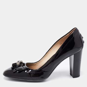 Pre Owned Tod's Black Patent Leather Fringe Block Heel Pumps Size 40