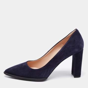 Pre Owned Tod's Navy Blue Suede Block Heel Pointed Toe Decollete Pumps Size 38
