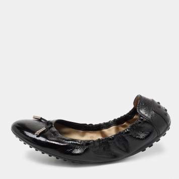 Pre Owned Tod's Black Patent Leather Dee Scrunch Ballet Flats Size 39.5