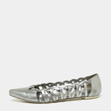 Pre Owned Tod's Grey Patent Leather Braided Detailed Pointed Toe Ballet Flats Size 39.5