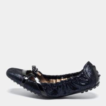Pre Owned Tod's Metallic Blue Glitter Suede Scrunch Ballet Flats Size 37