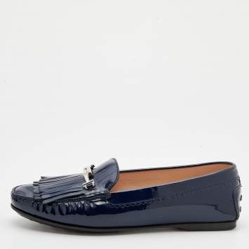 مملوكة مسبقًا Tod's Blue Patent Leather Double T Fringe Loafers Size 40