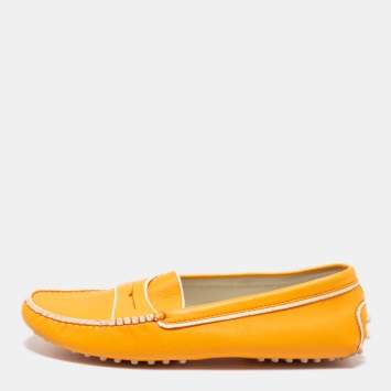 Pre Owned Tod's Orange Leather Penny Slip On Loafers Size 39.5