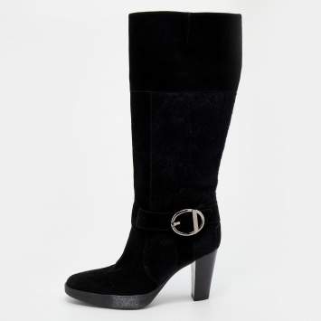 Pre Owned Tod's Black Suede And Calf Hair Knee Length Boots Size 40