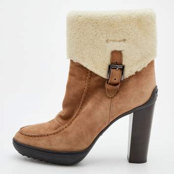 Pre Owned Tod's Beige Suede And Lamb Fur Buckle Platform Ankle Boots Size 38
