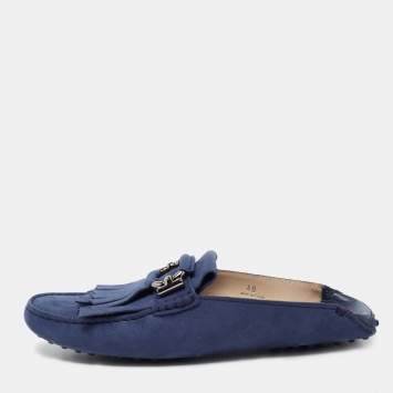 Pre Owned Tod's Blue Nubuck Leather Fringe Flat Mules Size 40