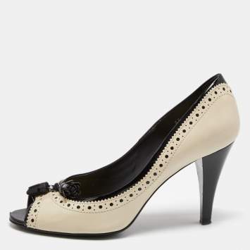 Pre Owned Tod's Black/Beige Brogue Leather and Patent Leather Tassel Peep Toe Pumps Size 37