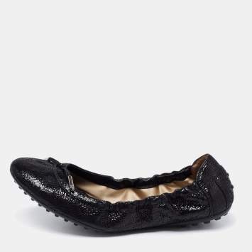 Pre Owned Tod's Black Leather T Scrunch Ballet Flats Size 40.5