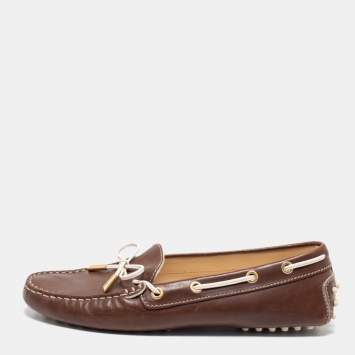 Pre Owned Tod's Brown Leather Bow Slip On Loafers Size 38.5
