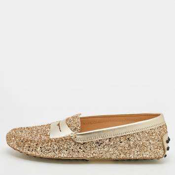 Pre Owned Tod's Metallic Gold Glitter And Leather Penny Slip On Loafers Size 37