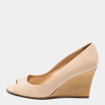 Pre Owned Tod's Beige Leather Open Toe Wedge Pumps Size 38