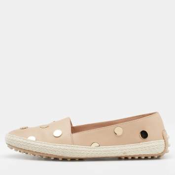Pre Owned Tod's Beige Leather Embellished Flat Espadrille Loafer Size 38.5