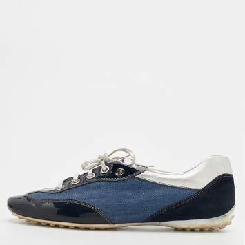مملوكة مسبقًا Tod's Blue/Silver Denim And Leather Low Top Sneakers Size 38