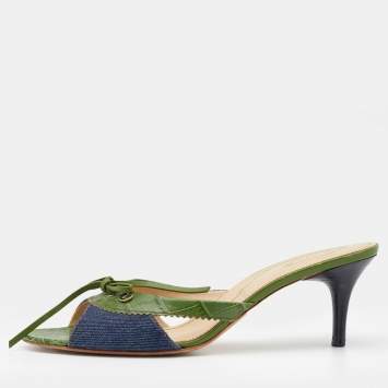 Pre Owned Tod's Green/Blue Croc Embossed Leather and Denim Bow Slide Sandals Size 40