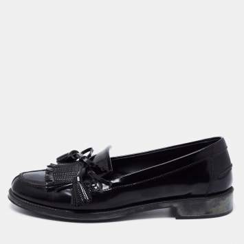 Pre Owned Tod's Black Patent Leather Tassel Bow Fringe Detail Loafers Size 37