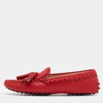 Pre Owned Tod's Red Leather Tassel Slip On Loafers Size 39