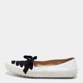 Pre Owned Tod's White/Black Leather and Suede Lace-Up Gommino Espadrille Loafers Size 39.5