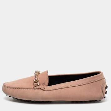 Pre Owned Tod's Pink Nubuck Leather Crystal Embellished Buckle Loafers Size 38.5