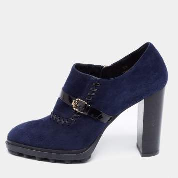 Pre Owned Tod's Navy Blue/Black Suede And Patent Leather Whipstitch Detail Ankle Booties Size 39