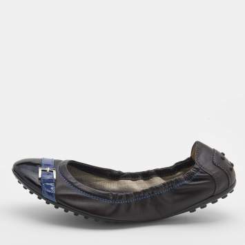 Pre Owned Tod's Dark Brown/Royal Blue Patent Leather and Leather Scrunch Ballet Flats Size 38.5
