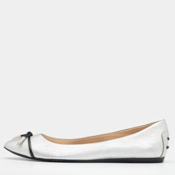 Pre Owned Tod's Silver Leather Bow Detail Ballet Flats Size 39