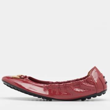 Pre Owned Tod's Burgundy Patent Leather Scrunch Ballet Flats Size 38.5