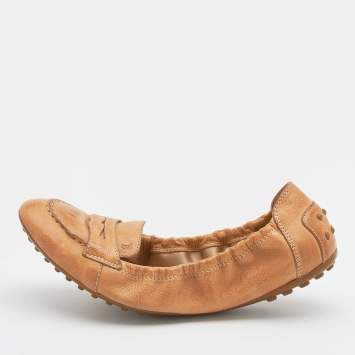 Pre Owned Tod's Brown Leather Scrunch Ballet Flats Size 38.5