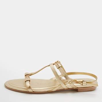 Pre Owned Tod's Gold Leather Strappy Buckle Detail Flat Sandals Size 39