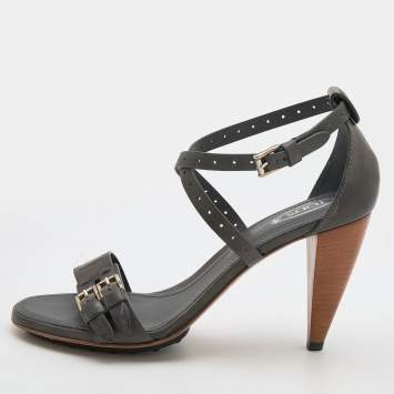 Pre Owned Tod's Grey Leather Buckle Detail Ankle Strap Sandals Size 39