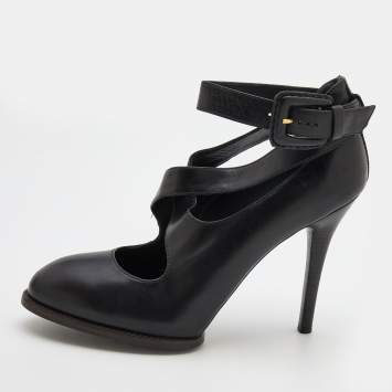 Pre Owned Tod's Black Leather Cross Strap Pumps Size 37.5