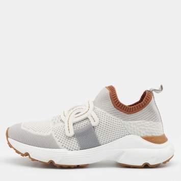 Pre Owned Tod's White/Grey Knit Fabric Catena Sneakers Size 38.5