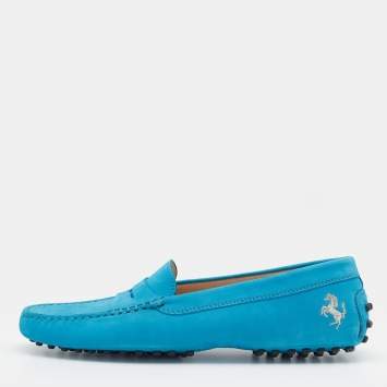 Pre Owned Tod's for Ferrari Blue Nubuck Leather Slip On Loafers Size 38