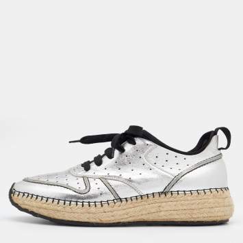 Pre Owned Tod's Metallic Silver Leather Espadrille Low Top Sneakers Size 40