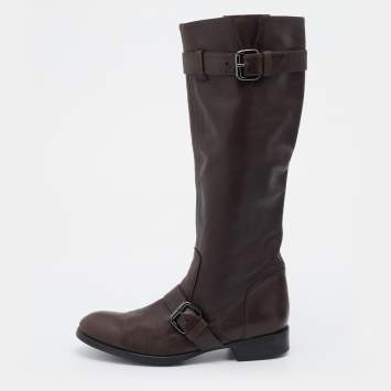 Pre Owned Tod's Brown Leather Calf Length Boots Size 38
