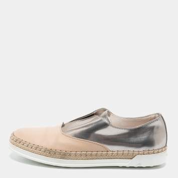 Pre Owned Tod's Silver and Beige Patent and  Leather Francesina Slip On Espadrille Sneakers Size 35.5
